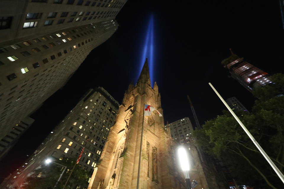 <p>The Tribute in Light rises above the New York skyline over Trinity Church in New York City on Sept. 5, 2018. (Photo: Gordon Donovan/Yahoo News) </p>