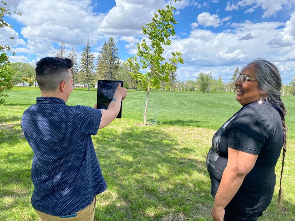 Evie Johnny Ruddy, left, and Joely BigEagle Kehquahtooway look forward to the launch of the Buffalo Futurism app on June 18. (Darla Ponace/CBC - image credit)