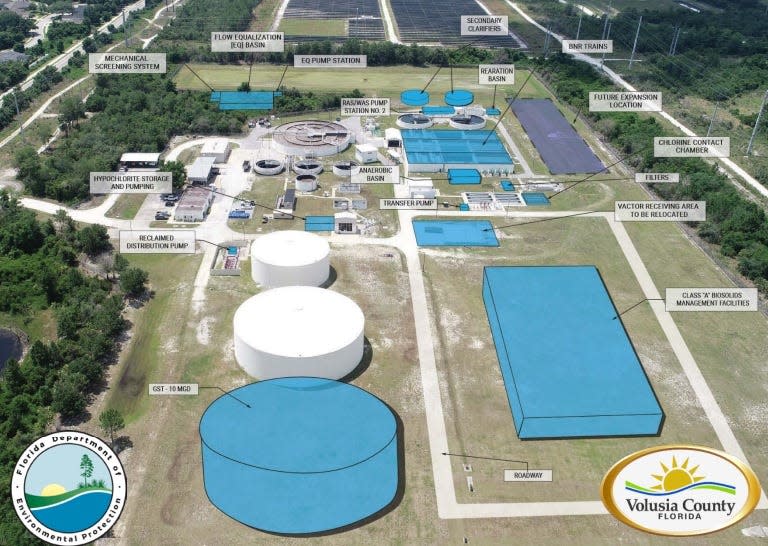 Volusia County's Southwest Regional Water Reclamation Facility in DeBary is slated for upgrades and additions, which are illustrated in blue.