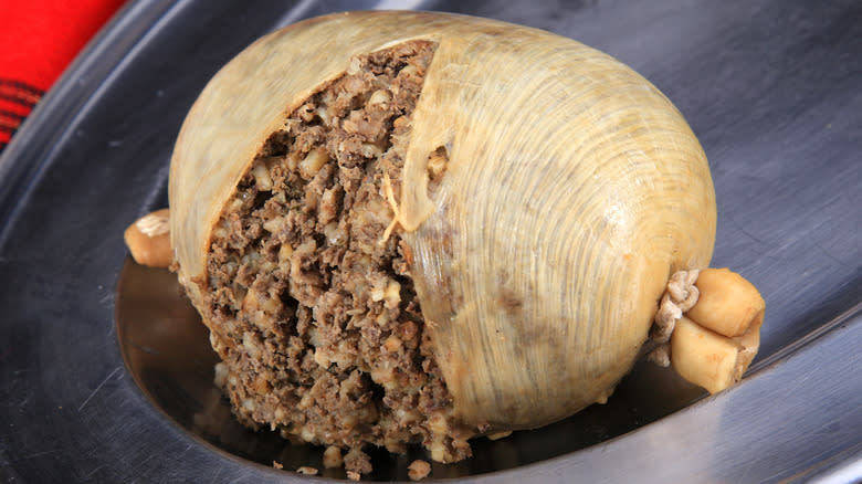 Haggis served in meat casing