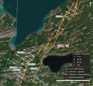 Plan view showing the surface expression of the BIG West pegmatite with diamond drill holes reported in this press release.