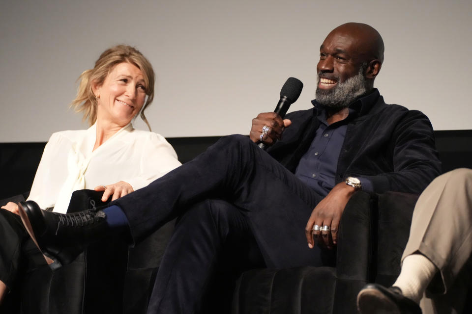 LOS ANGELES, CALIFORNIA - MARCH 07: (L-R) Eve Best and Steve Toussaint are seen onstage during HBO's 