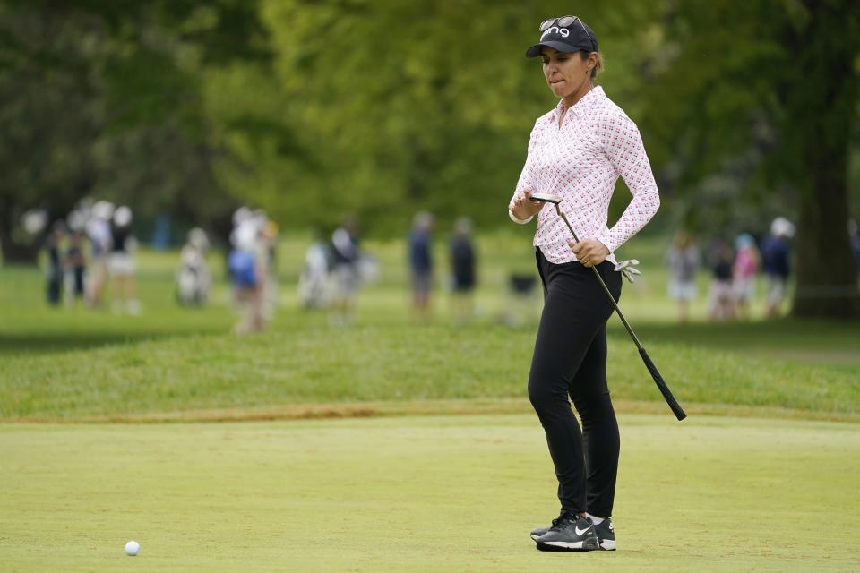 Paula Reto reacts after missing a putt on the first green during the third round of the LPGA Cognizant Founders Cup golf tournament, Saturday, May 14, 2022, at the Upper Montclair Country Club in Clifton, N.J. (AP Photo/John Minchillo)