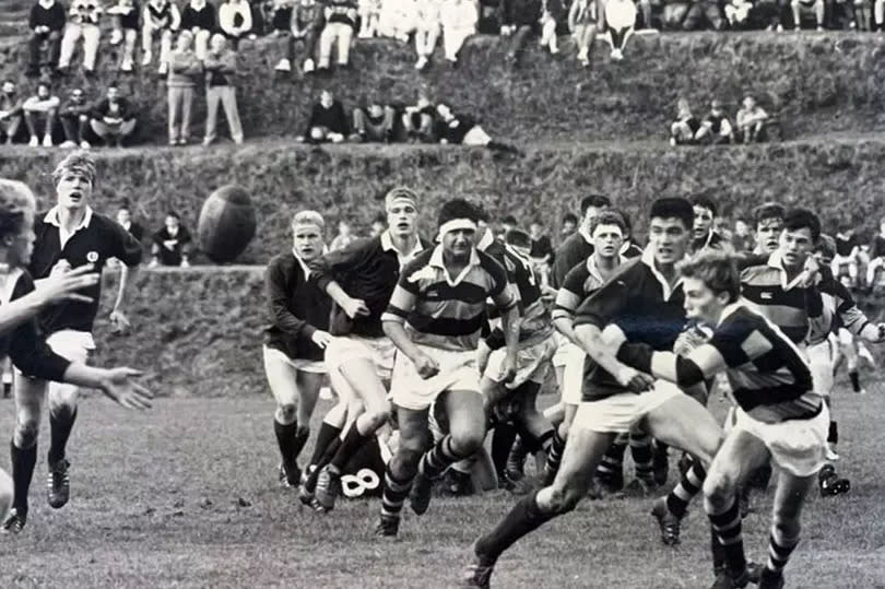 Doddie Weir (left) in action with the 1988 Scottish Schools rugby tour squad during a game in New Zealand