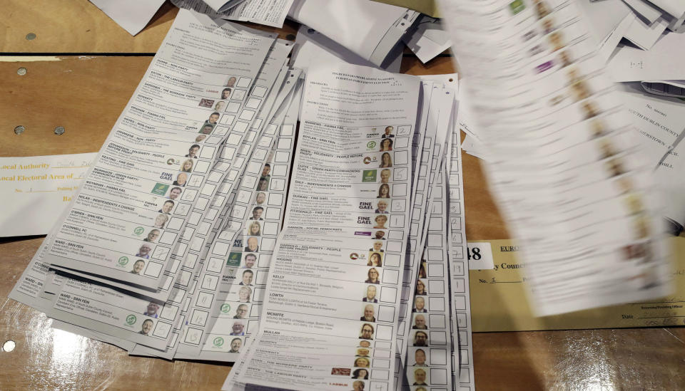 Ballots are counted in the European Parliamentary elections and the referendum on Ireland's divorce laws at the RDS in Dublin, Saturday May 25, 2019. (Niall Carson/PA via AP)