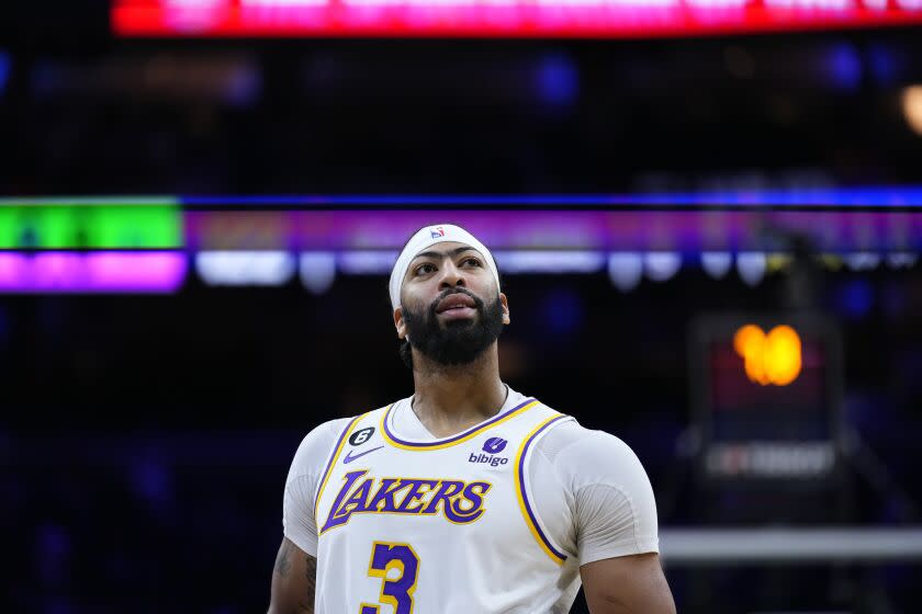 Los Angeles Lakers' Anthony Davis plays during an NBA basketball game.