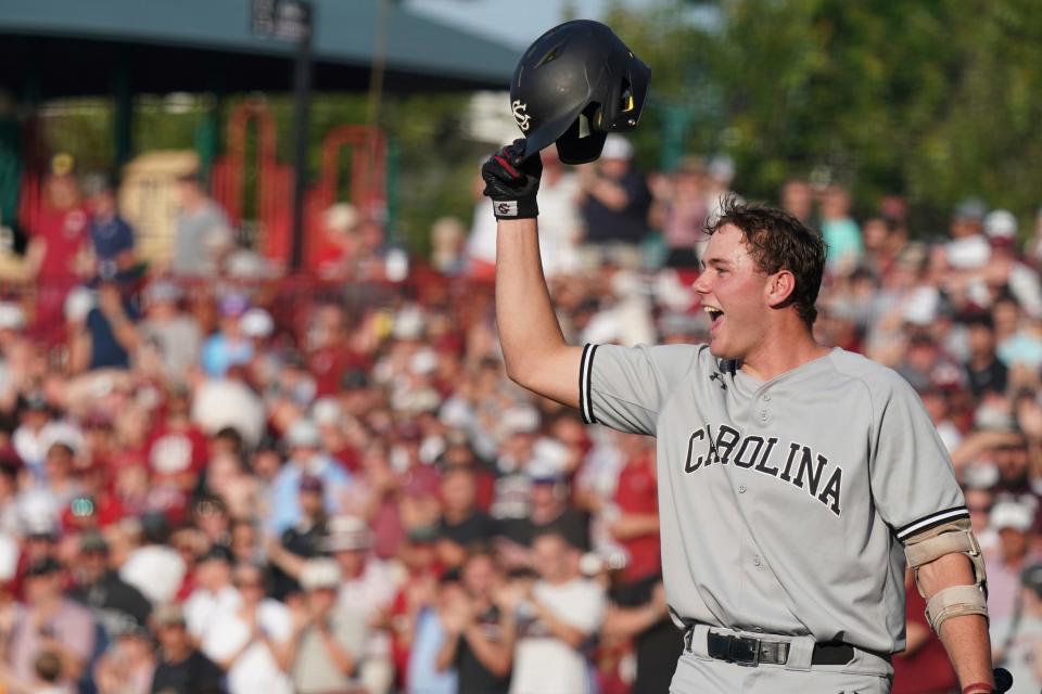 South Carolina's Ethan Petry reacts after a home run by Braylen Wimmer during an NCAA baseball game against NC State on Saturday, June 2, 2023, in Columbia, S.C. South Carolina won 6-3. South Carolina won 6-3. (AP Photo/Sean Rayford)