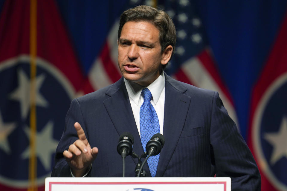 Republican presidential candidate Florida Gov. Ron DeSantis speaks during the Tennessee Republican Party Statesmen's Dinner, Saturday, July 15, 2023, in Nashville, Tenn. (AP Photo/George Walker IV)