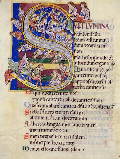 A page from the St. Albans prayerbook, with an elaborately decorated ‘S’ at the start of a psalm. <a href="https://commons.wikimedia.org/wiki/File:Psalm_136_Initial_S.jpg" rel="nofollow noopener" target="_blank" data-ylk="slk:Hildesheim Cathedral Library/Wikimedia Commons;elm:context_link;itc:0;sec:content-canvas" class="link ">Hildesheim Cathedral Library/Wikimedia Commons</a>