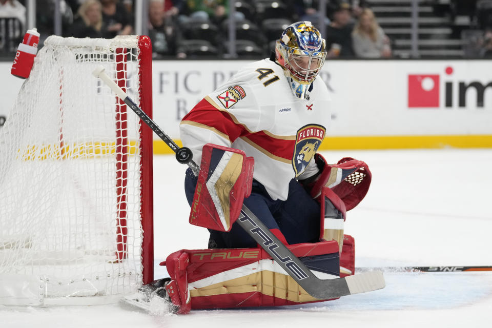 Florida Panthers goaltender Anthony Stolarz (41) stops a shot during the first period of an NHL hockey game against the Anaheim Ducks in Anaheim, Calif., Friday, Nov. 17, 2023. (AP Photo/Ashley Landis)