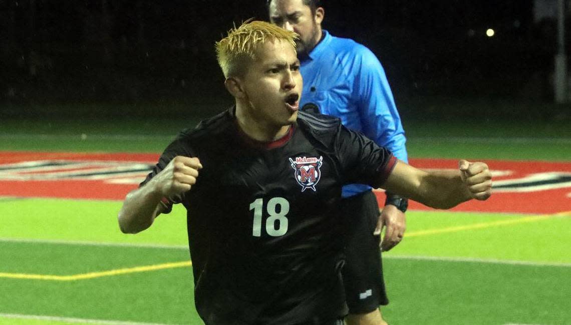 McLane High junior Maynor Beb Caal celebrates his game-winning goal in overtime to hand his team a 3-2 win over visiting Chávez High for the CIF Central Section Division III boys championship on Feb. 24, 2023. JUAN ESPARZA LOERA/jesparza@vidaenelvalle.com