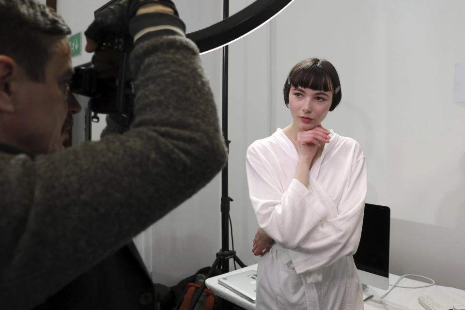 A model is photographed backstage before the Jasper Conran Autumn/Winter 2019 fashion week runway show in London, Saturday, Feb. 16, 2019.(Photo by Grant Pollard/Invision/AP)
