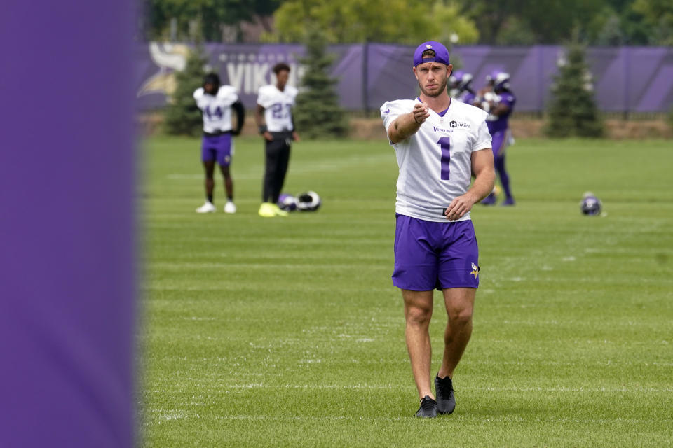 Minnesota Vikings kicker Greg Joseph practices lining up a kcik during the NFL football team's training camp, Thursday, Aug. 5, 2021, in Eagan, Minn. (AP Photo/Jim Mone)