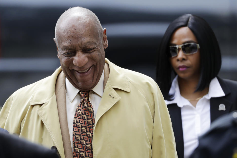 FILE - In this Monday, Feb. 27, 2017, file photo, Bill Cosby arrives for a pretrial hearing in his sexual assault case at the Montgomery County Courthouse in Norristown, Pa. The next battleground in the criminal case against Cosby will be whether prosecutors can use his lurid deposition testimony about giving pills and alcohol to a string of women before sex, material that may be disallowed at his trial since the judge ruled most of the women themselves can't testify. The case is set for trial June 5 in suburban Philadelphia. (AP Photo/Matt Slocum, File)