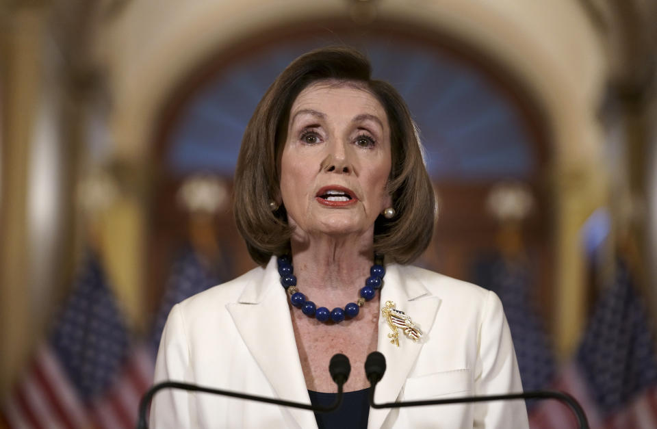 Speaker of the House Nancy Pelosi, D-Calif., makes a statement at the Capitol in Washington, Thursday, Dec. 5, 2019. Pelosi announced that the House is moving forward to draft articles of impeachment against President Donald Trump. (AP Photo/J. Scott Applewhite)