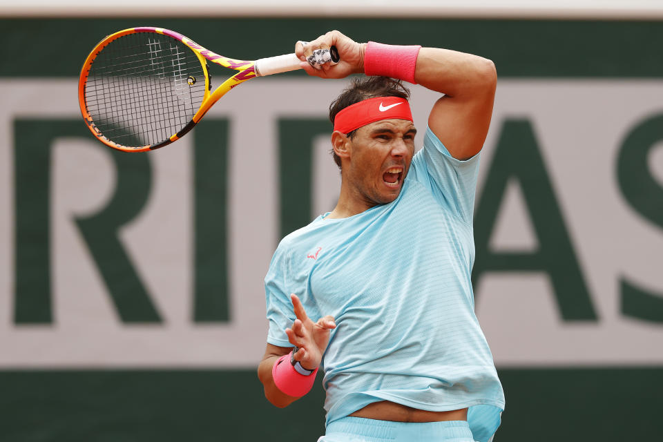 PARIS, FRANCE - SEPTEMBER 30: Rafael Nadal of Spain plays a forehand during his Men's Singles second round match against Mackenzie McDonald of the United States on day four of the 2020 French Open at Roland Garros on September 30, 2020 in Paris, France. (Photo by Clive Brunskill/Getty Images)