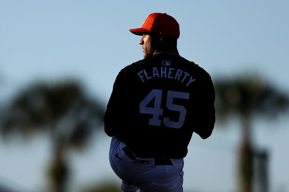 Detroit Tigers starting pitcher Jack Flaherty (45) throws a pitch against the Philadelphia Phillies in the third inning at Publix Field at Joker Marchant Stadium in Lakeland, Florida, on Tuesday, March 19, 2024.