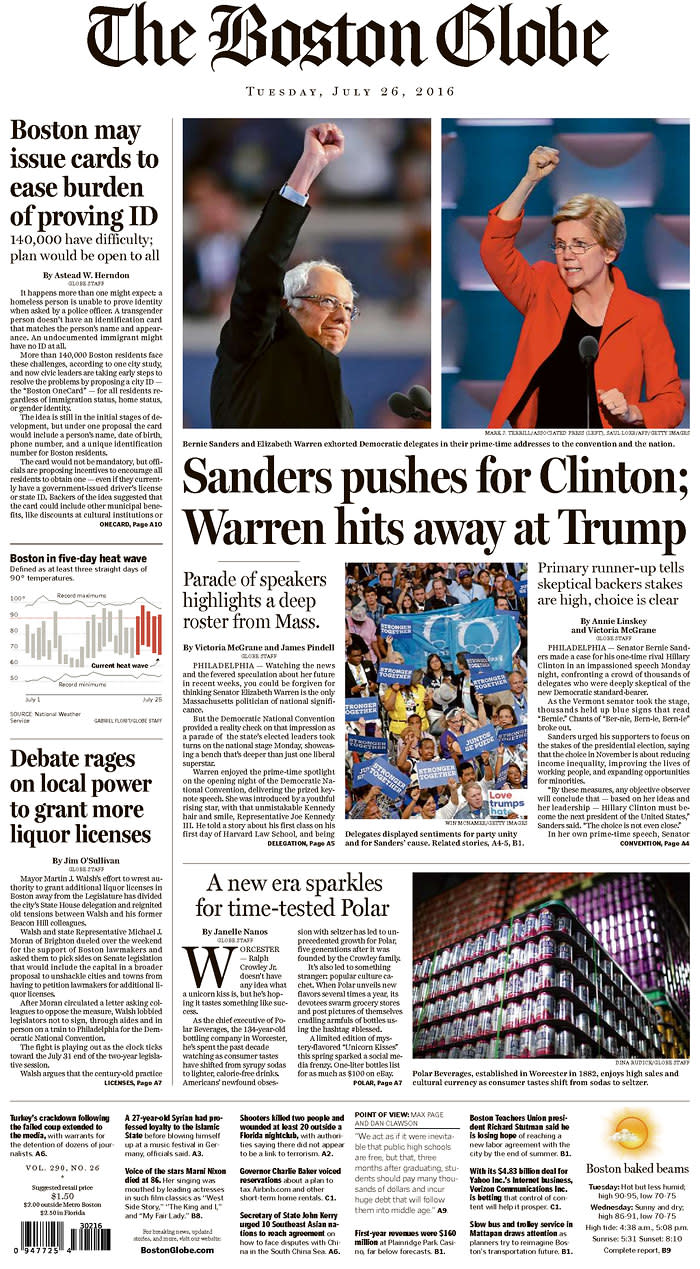 Sanders pushes for Clinton; Warren hits away at Trump - The Boston Globe