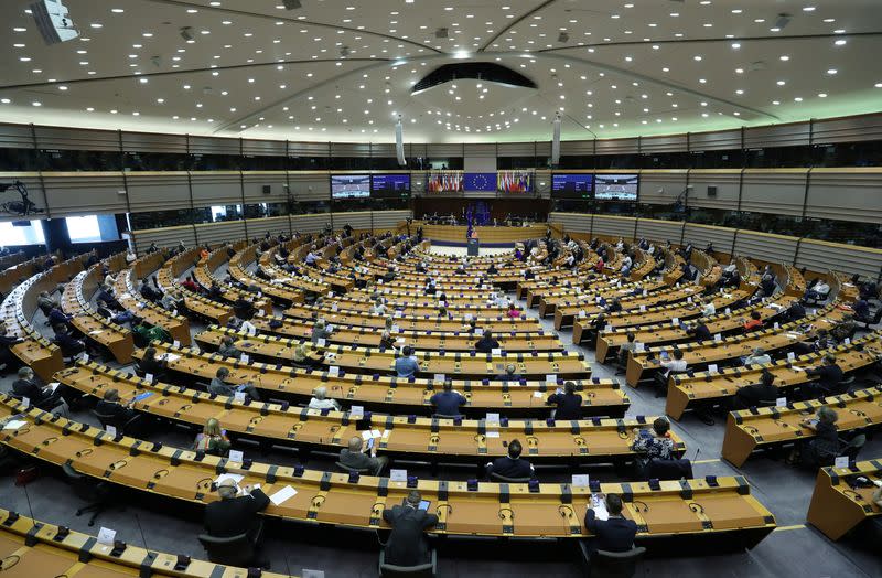 A general view shows as European Commission President Ursula von der Leyen addresses her first State of the European Union speech during a plenary session of the European Parliament, in Brussels