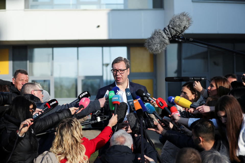 Serbian President and presidential candidate Aleksandar Vucic speaks to the media ater casting his vote at a polling station during the presidential and parliamentary elections, in Belgrade, Serbia, April 3, 2022. REUTERS/Antonio Bronic