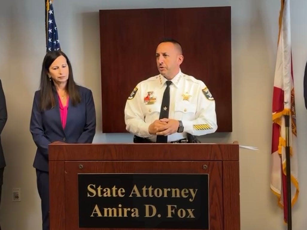 State Attorney Amira Fox, accompanied by Lee County Sheriff Carmine Marceno and members of the Florida Department of Law Enforcement, announces two grand jury indictments on Wednesday, March 6, 2024.