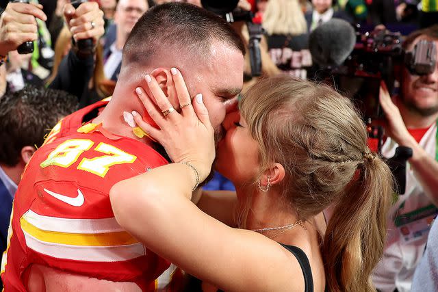 <p>Ezra Shaw/Getty</p> Travis Kelce and Taylor Swift at the 2024 Super Bowl