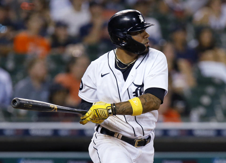 Detroit Tigers' Harold Castro watches his double against the Chicago White Sox during the seventh inning of a baseball game Tuesday, June 14, 2022, in Detroit. (AP Photo/Duane Burleson)