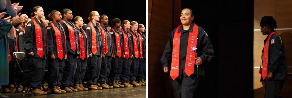 LEFT: Cadets stand at attention at the Michigan Youth Challenge Academy graduation at Marshall High School in Marshall on Saturday, June 15, 2024. RIGHT: Cadet Estrella Mirroquin walks across the stage at the Michigan Youth Challenge Academy graduation.