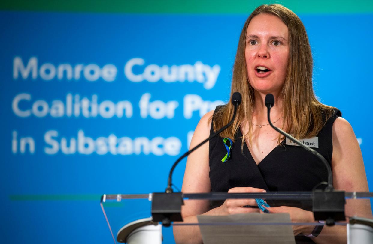 Monroe County Prosecutor Erika Oliphant speaks at a crisis diversion center’s ribbon-cutting ceremony. (Rich Janzaruk / Herald-Times)