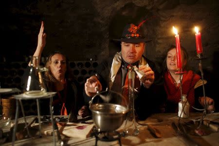 Participants demonstrate for the media before the role play event at Czocha Castle in Sucha, west southern Poland April 9, 2015. REUTERS/Kacper Pempel