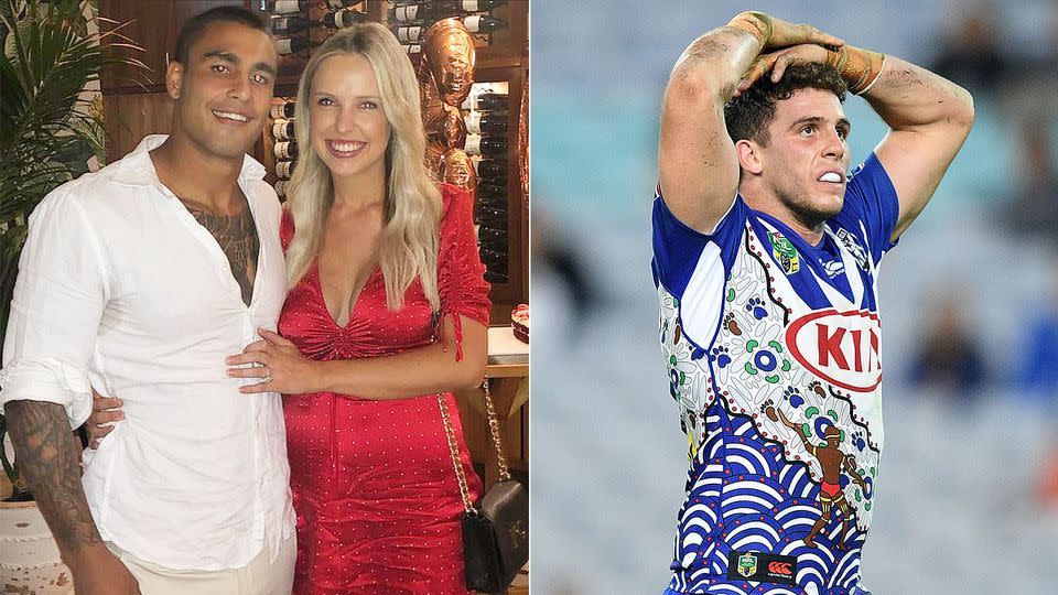 Pictured left, Michael Lichaa and his fiancee Kara Childerhouse, with Bulldogs player Adam Elliott on the right.