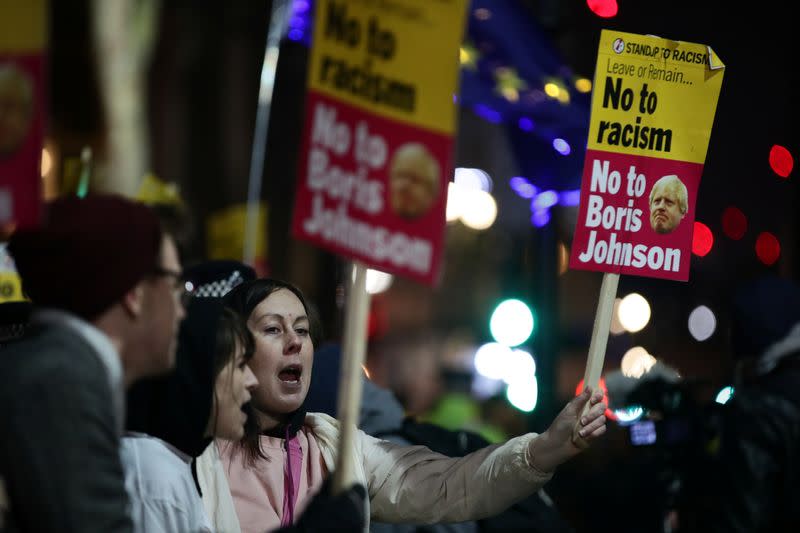 Protesters demonstrate at Downing Street following the result of the general election in London