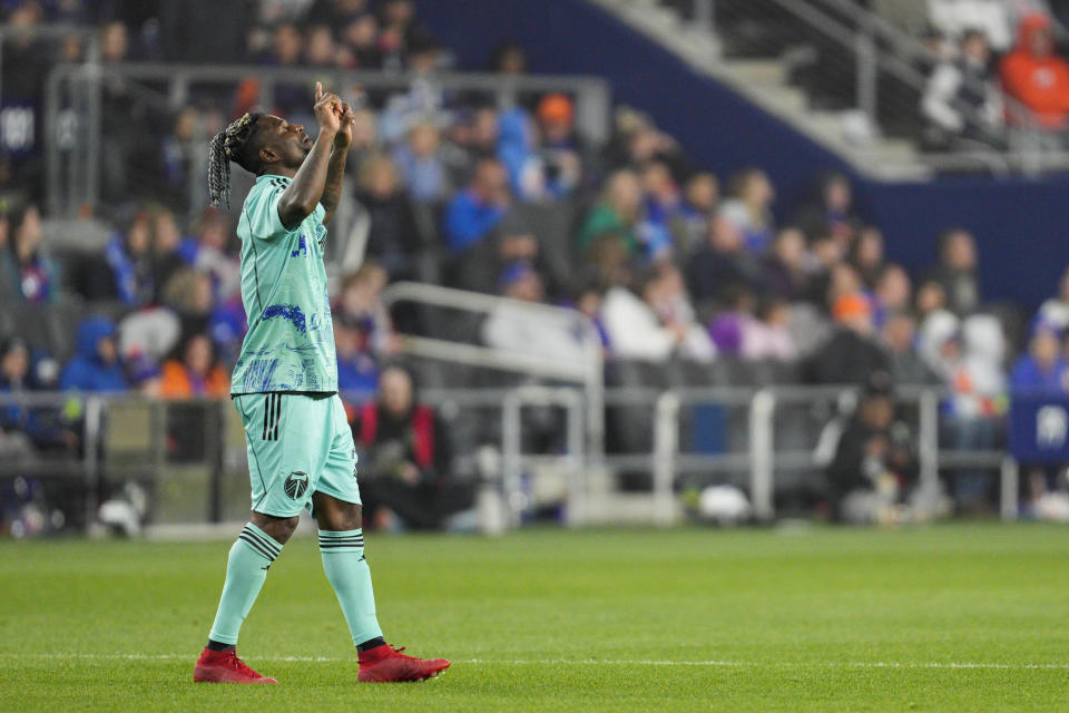 Portland Timbers' Dairon Asprilla celebrates after scoring a goal during the second half of an MLS soccer match against FC Cincinnati Saturday, April 22, 2023, in Cincinnati. (AP Photo/Jeff Dean)