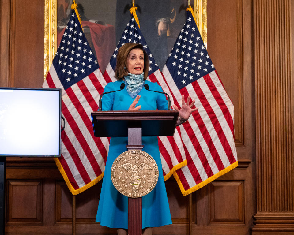 WASHINGTON, CD, UNITED STATES - MAY 7, 2020: U.S. Representative Nancy Pelosi (D-CA) speaks at her weekly press conference Washington, DC.- PHOTOGRAPH BY Michael Brochstein / Echoes Wire/ Barcroft Studios / Future Publishing (Photo credit should read Michael Brochstein / Echoes Wire/Barcroft Media via Getty Images)