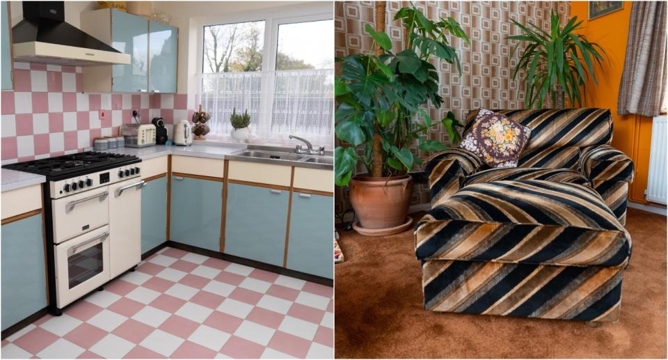 A composite image with a 1950s-style kitchen on the left and a 1970s-style arm chair on the right. (SWNS)