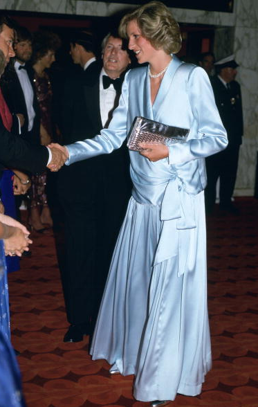 <div class="caption-credit"> Photo by: Tim Graham/Getty Images</div>By her second pregnancy in 1984, Diana seemed more comfortable in her own skin, or at least in the powder blue silk skin designer Catherine Walker provided for a gala event. Generally, with Harry she wore more draping fabrics that accentuated her bump rather than obscured it.