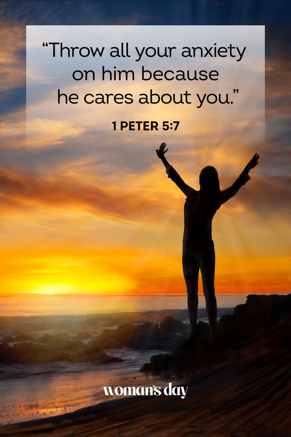 <p>"Throw all your anxiety on him because he cares about you." <br><br></p><p><strong>The Good News:</strong> You never need to carry any burden alone because God is there to help share your worries. </p>