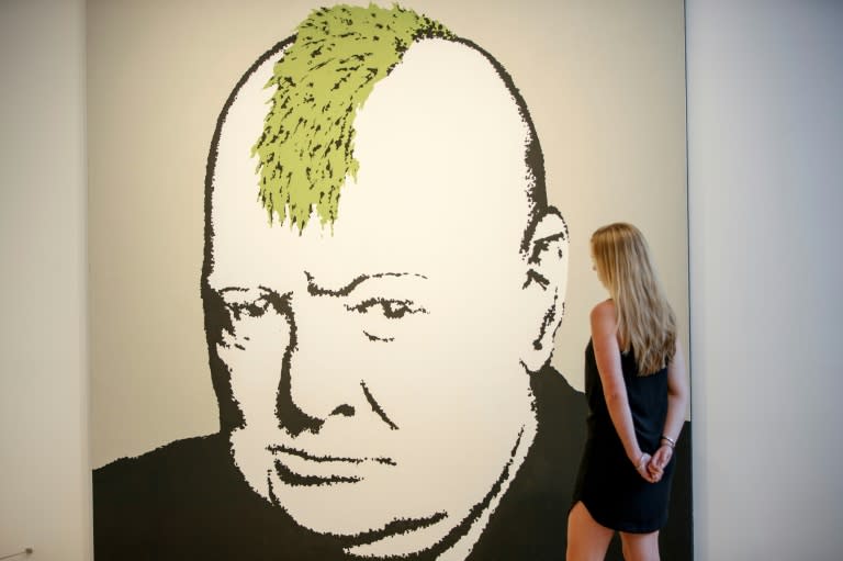 Banksy's 2003 artwork "Turf War", which depicts Winston Churchill with a mohawk, at Lazinc Gallery in London