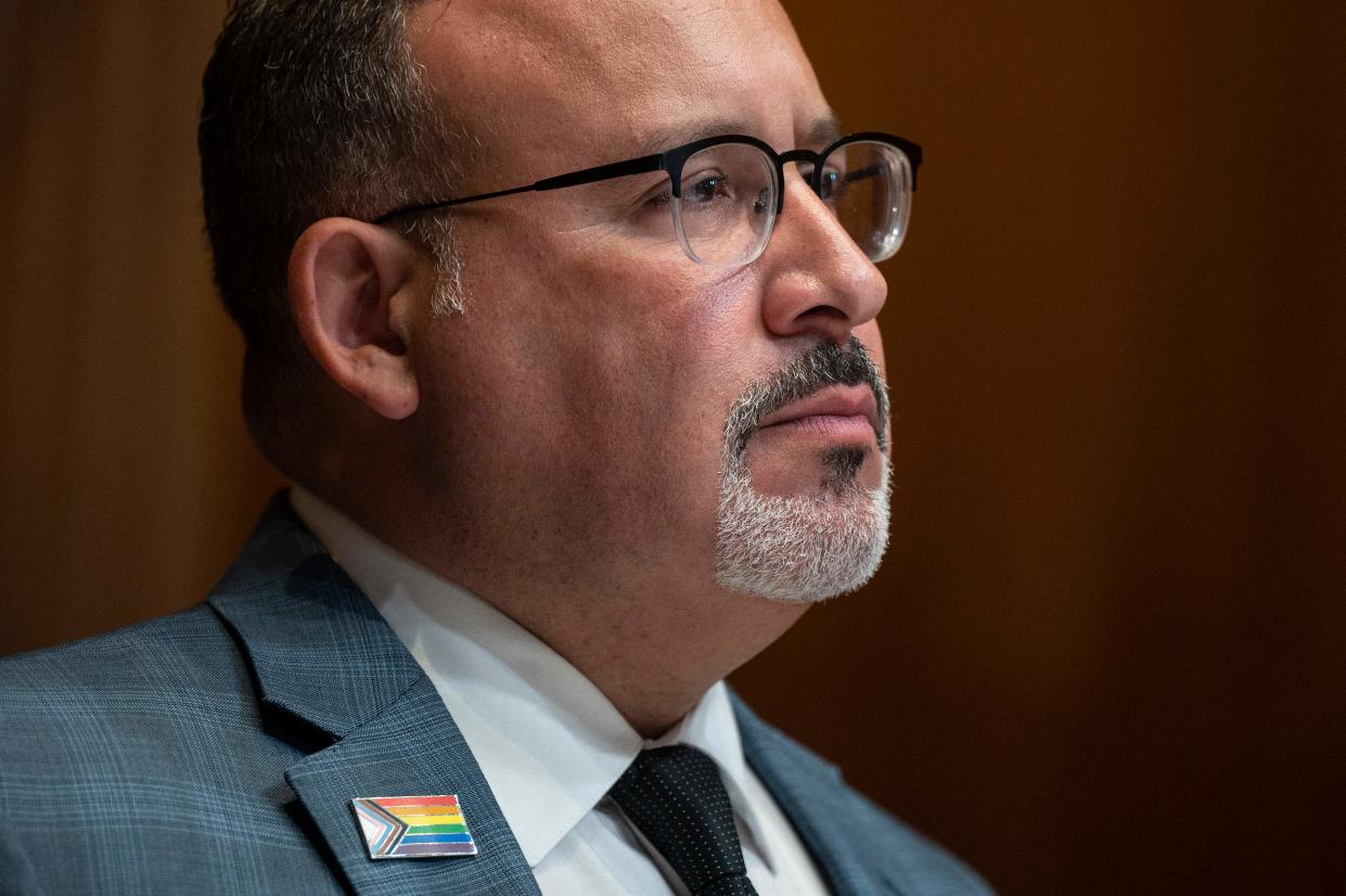 Education Secretary Miguel Cardona testifies before the Labor, Health and Human Services, Education and Related Agencies Subcommittee on Capitol Hill in Washington, DC, on June 16, 2021. (Photo by JIM WATSON / AFP) (Photo by JIM WATSON/AFP via Getty Images)