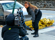 <p>Queen Latifah gets ready to film on the set of <em>The Equalizer</em> in N.Y.C. on Jan. 10.</p>