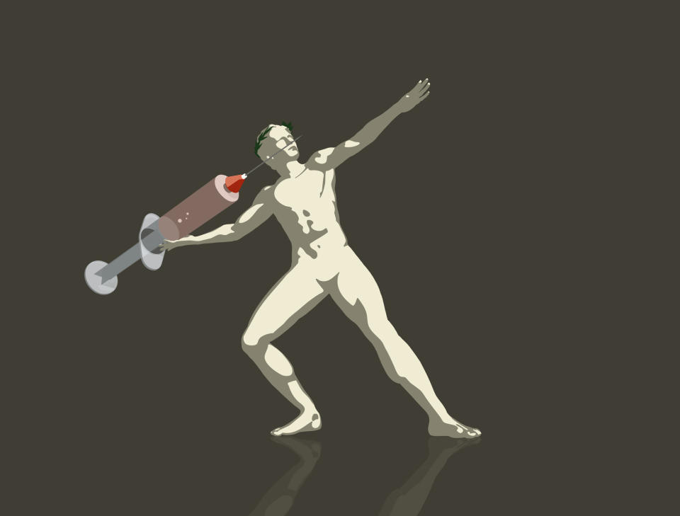A muscled figure throwing a vaccine