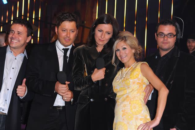 (L-R) Big Brother winners Craig Phillips and Brian Dowling with original host Davina McCall and late housemate Nikki Grahame, pictured during the show's final Channel 4 broadcast