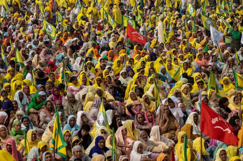 Farmers and agricultural workers attend a rally against farm laws in Barnala