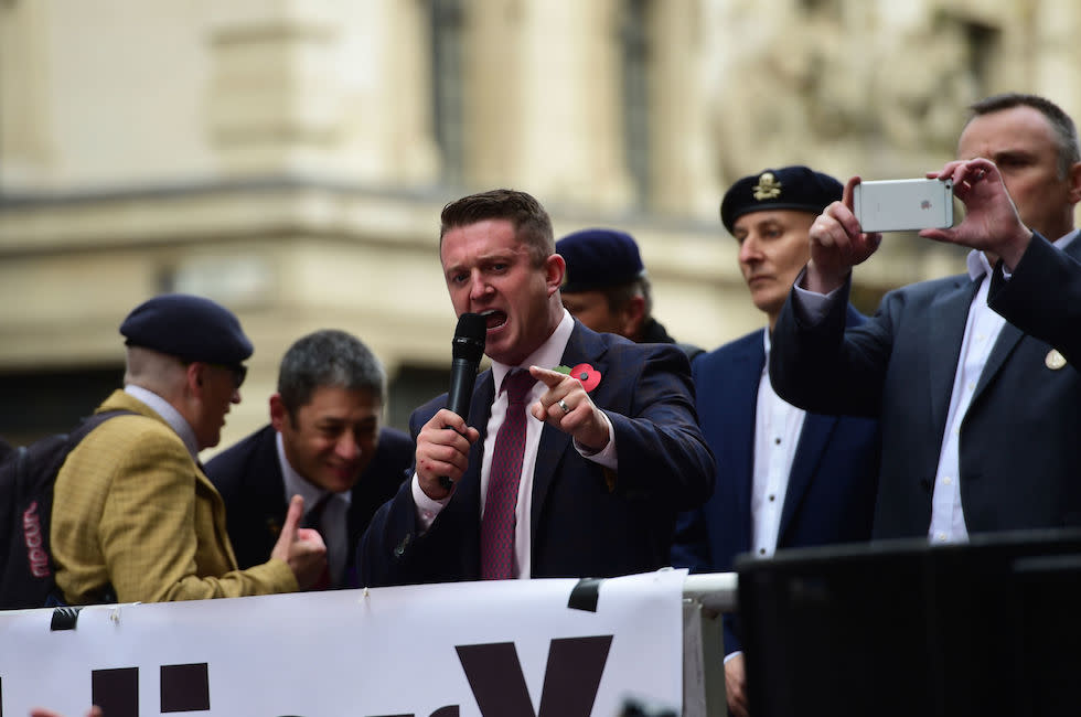 Former English Defence League (EDL) leader Tommy Robinson addresses his supporters as he arrives at the Old Bailey (Picture: PA)