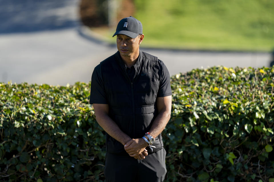 Tiger Woods is present as Max Homa receives his trophy for winning the Genesis Invitational  at Riviera Country Club on February 21, 2021 in Pacific Palisades, California. Homa won in a playoff.(Gina Ferazzi / Los Angeles Times via Getty Images)