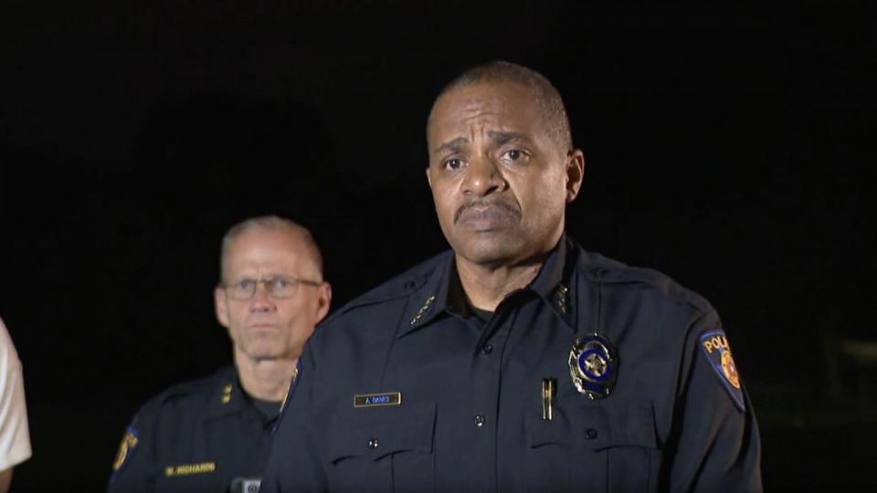 PHOTO: Police Chief Allen Banks talks with reporters after a shooting at the Round Rock Juneteenth Festival in Round Rock, Texas, on June 16, 2024. (KVUE)