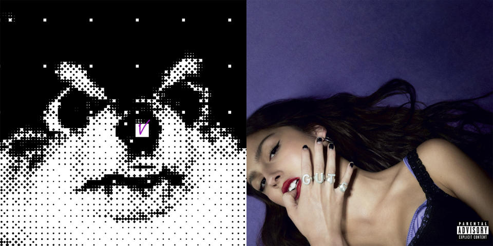 This combination of photos shows cover art for "Layover" by V, left, and "Guts" by Olivia Rodrigo. (BigHit Music/via AP, left, and Geffen via AP))