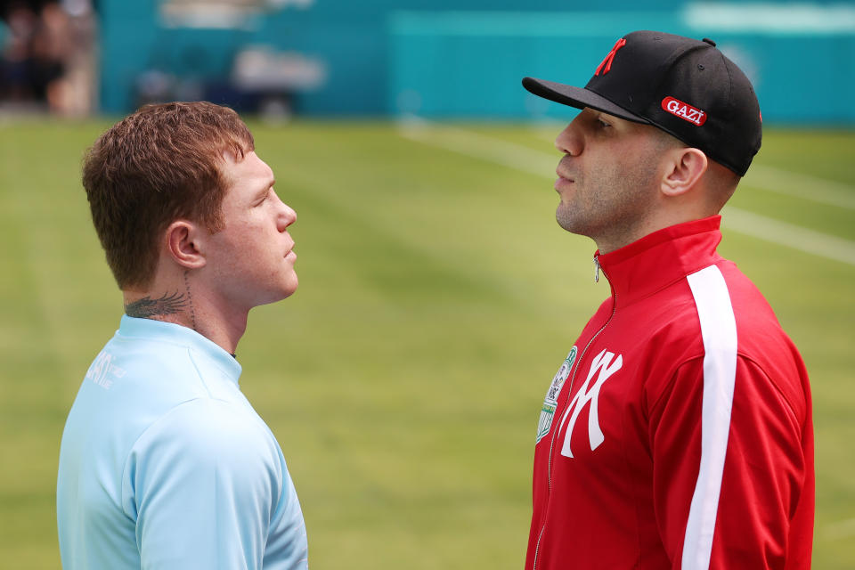 MIAMI GARDENS, FLORIDA - FEBRUARY 22: Canelo Alvarez and Avni Yidirim take part in media availability prior to their WBC, WBA Super and Ring Magazine World Super-Middleweight title fight at Hard Rock Stadium on February 22, 2021 in Miami Gardens, Florida. (Photo by Cliff Hawkins/Getty Images)