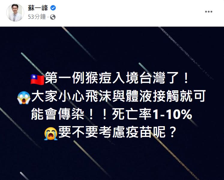 針對台灣的首例猴痘個案，蘇一峰晚間也在臉書提出警告，「第一例猴痘入境台灣了！大家小心飛沫與體液接觸就可能會傳染！！死亡率1-10%。」呼籲民眾千萬不能掉以輕心，最後話鋒一轉，也隔空向中央喊話，「要不要考慮疫苗呢？」該篇貼文曝光後，許多網友擔心地表示，「好可怕，挑戰越來越多」、「應該要趕快準備了」、「醫護好辛苦」、「無止境的循環，忙不完！急診人覺得好煩欸」。蘇一峰示警，猴痘死亡率高達10%，提醒民眾要注意。（圖／翻攝自蘇一峰臉書）