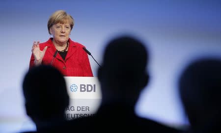 German Chancellor Angela Merkel makes her speech at the Federation of German Industry (BDI) conference in Berlin, Germany, November 3, 2015. REUTERS/Fabrizio Bensch